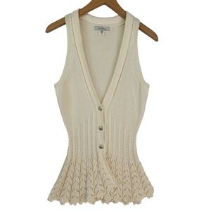 VTG Intuitions Beige Cotton-Blend Knit Button-Up V-Neck Peplum Vest Size Medium